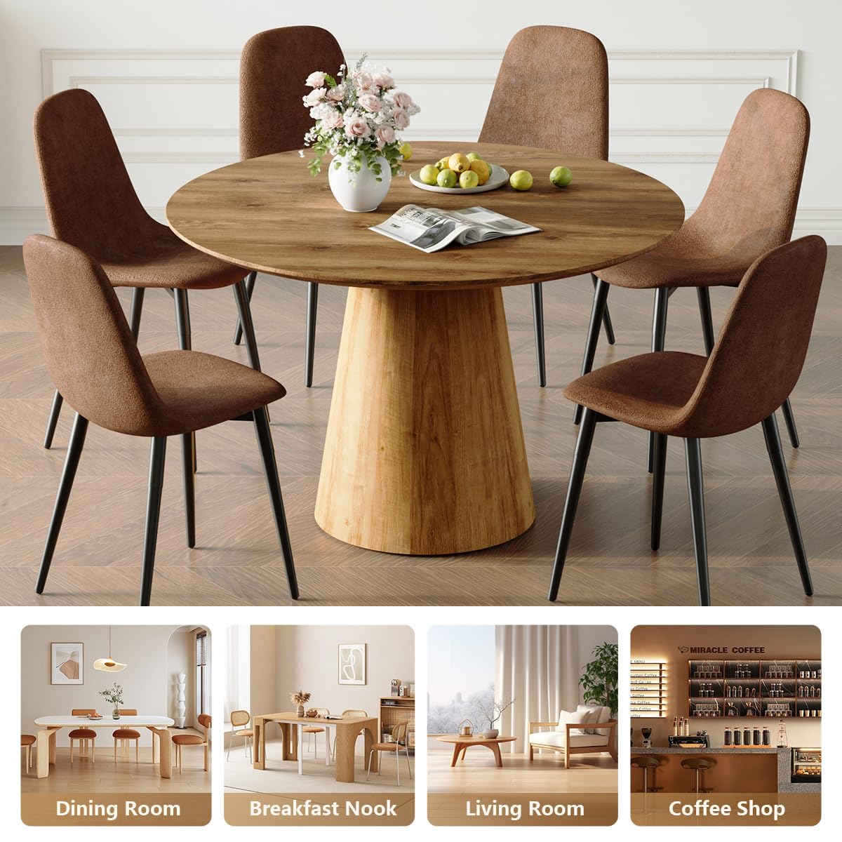 BAOPIN Round Dining Table Set for 6, 45''Round Wooden Dining Set with Cushioned Chairs, Round Table and Chair Set for Kitchen and Living Room (Wood Table+Style 1 Brown Chairs, 45'' Table+6 Chairs) BAOPIN