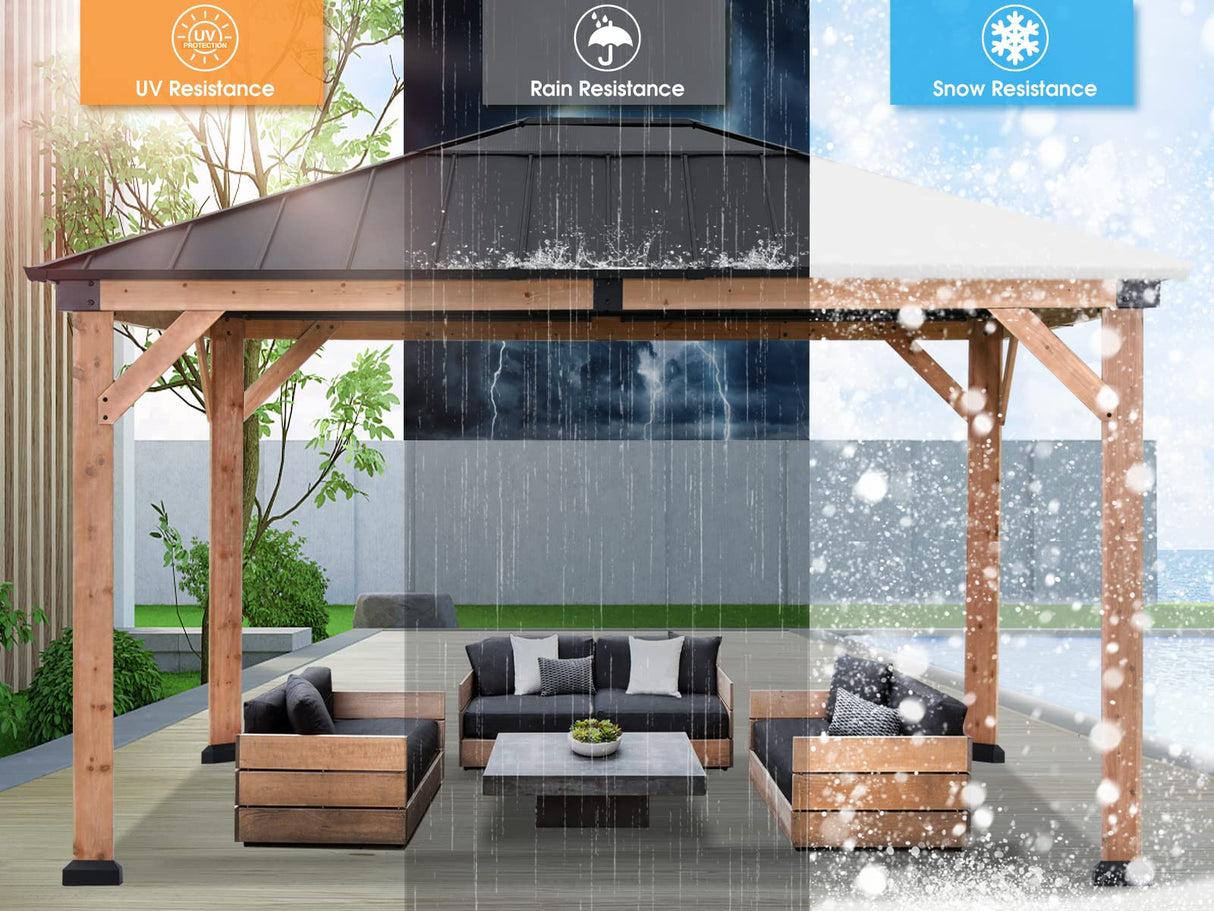 ABCCANOPY Wood Gazebo 11x13 - Outdoor Patio Wooden Gazebo with Hardtop Metal Roof for Garden, Backyard and Deck (Single Roof) ABCCANOPY