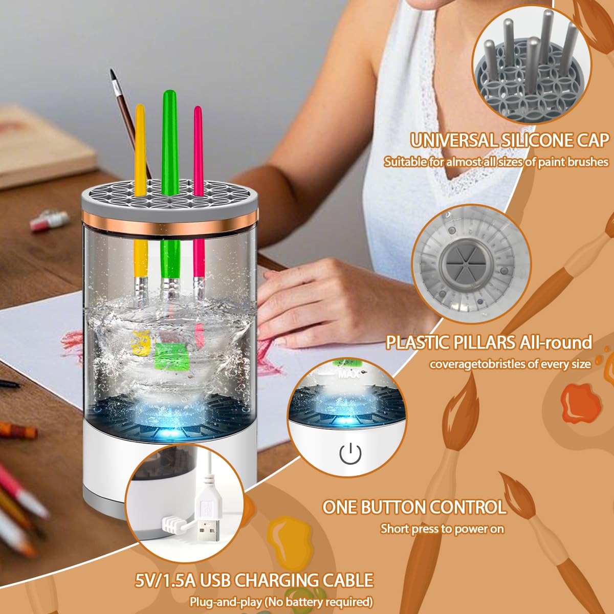 Vodolo Electric Paint Brush Cleaner Machine,Easy Premium paintbrush Cleaner Professional Automatic Spinning Water Color Brush Cleaning Tool Cleanser Machine,Painting Artist Accessories Vodolo