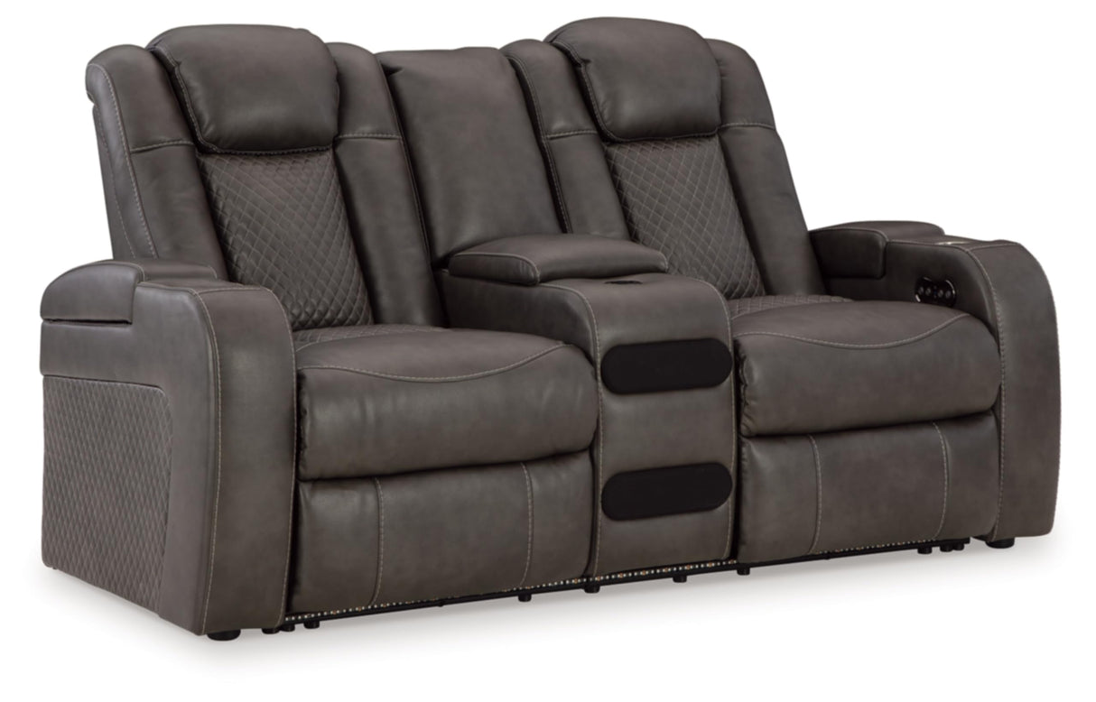 Signature Design by Ashley Fyne-Dyme Contemporary Power Reclining Loveseat with Console, USB Charging Ports and Adjustable Headrest, Gray Signature Design by Ashley