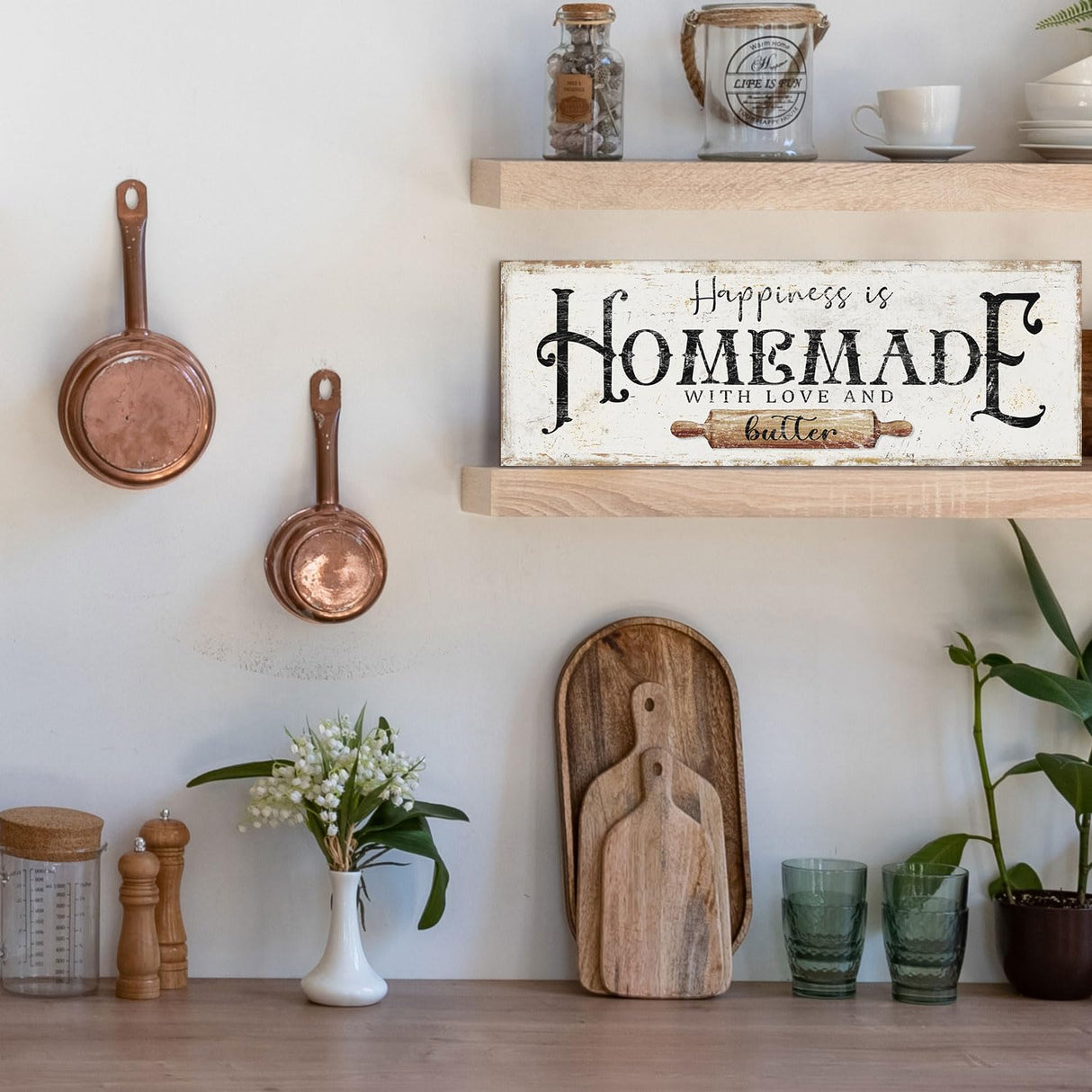 Happiness is Homemade with Love and Butter Sign Funny Kitchen Sign Decor for Counter Pantry Rustic Farmhouse Style Wall Décor Shabby Chic Family Wall Plaque Decoration Housewarming Gift, 6 x 17 Inch DUO AI HOME