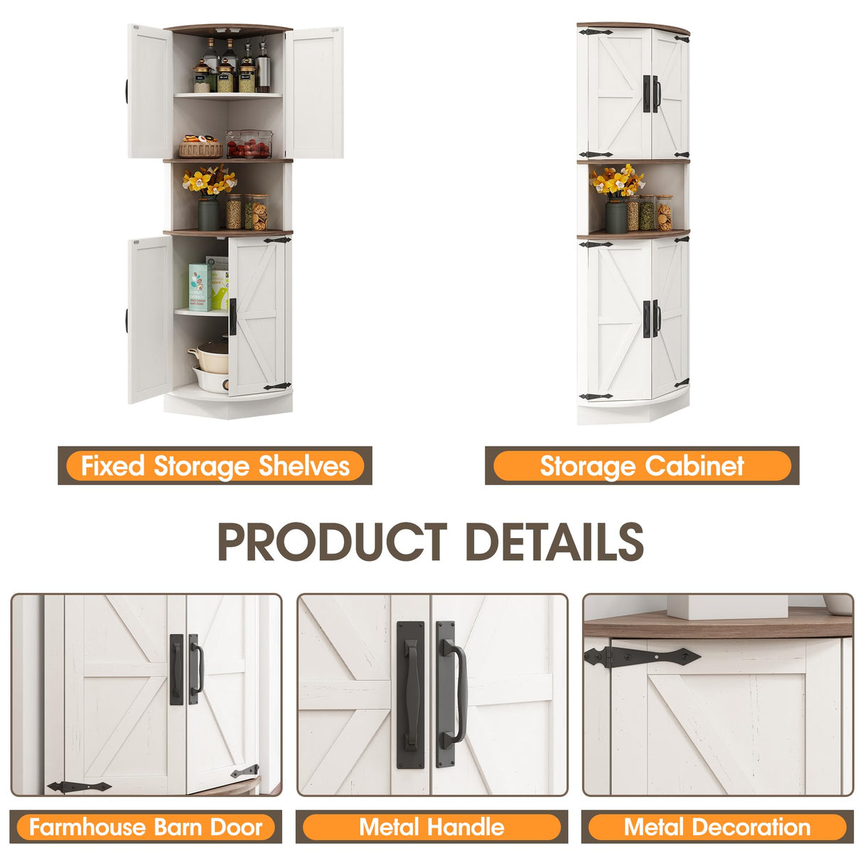 Vabches 64.8" Tall Farmhouse Corner Cabinet with 4 Doors and 5 Storage Shelves, Farmhouse Storage Cabinet with Barn Door Design, Home Space Saver for Living Room, Kitchen, Laundry Room,White Vabches