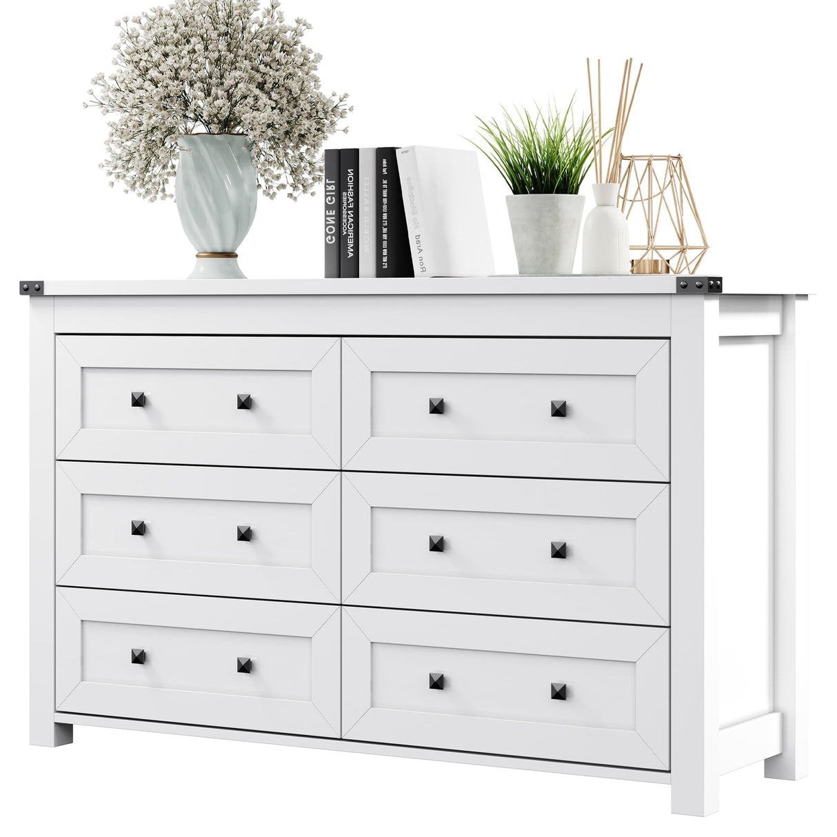 Dresser for Bedroom with 6 Drawers, Farmhouse Wood Chest of Drawers, Wide TV Stand Closet Storage Furniture with Metal Handle, Modern Clothes Organizer for Hallway, Living Room, Entryway, White Xixini