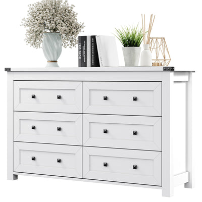 Dresser for Bedroom with 6 Drawers, Farmhouse Wood Chest of Drawers, Wide TV Stand Closet Storage Furniture with Metal Handle, Modern Clothes Organizer for Hallway, Living Room, Entryway, White