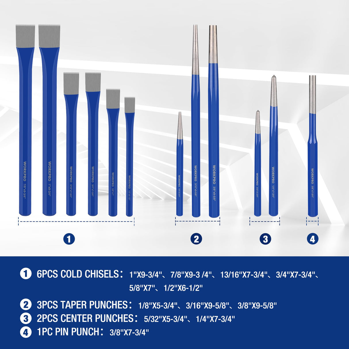WORKPRO 30 PCS Heavy Duty Punch and Chisel Set with Roll Pouch, Cold & Cape Chisel, Center, Pin & Taper Punch, and Gauge, Blackened and Painted Finish for Durability WORKPRO