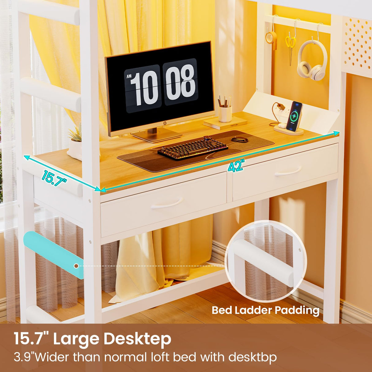 UPOSOJA Loft Bed Twin Size with Desk,4 Drawers,Power Outlet and LED Lighted,Cloth Rack,1 Storage Hamper,45.3" Pegboard with Hooks,No Box Spring Needed,Space-Saving,Noise Free (White) UPOSOJA