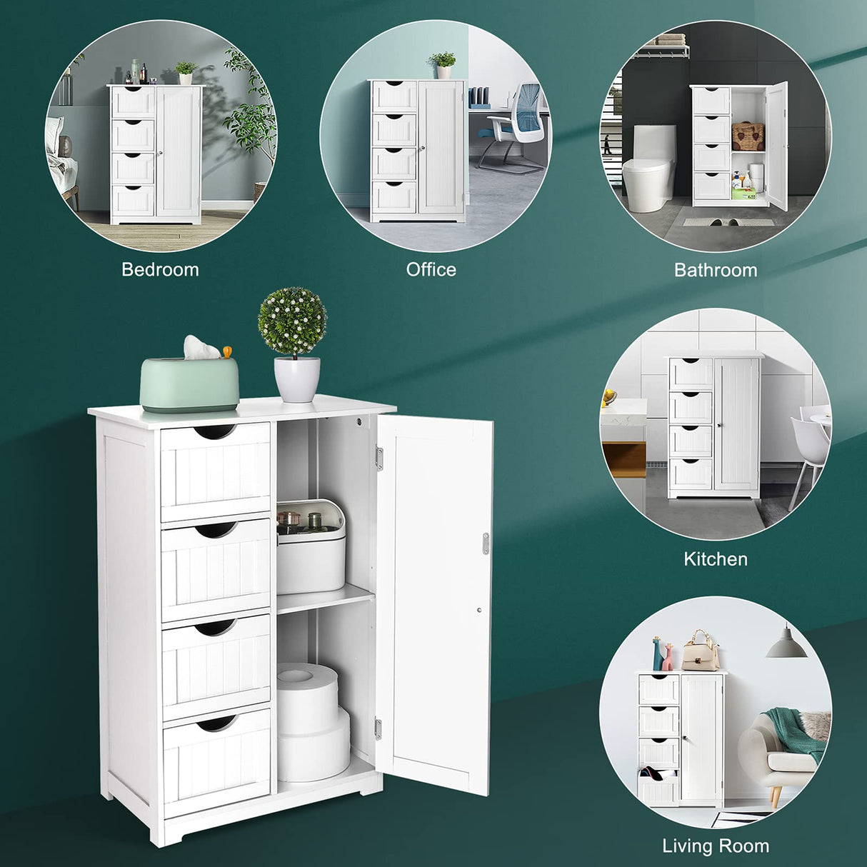 Bonnlo Compact White Wooden Bathroom Storage Cabinet with 4 Drawers and Cupboard Bonnlo