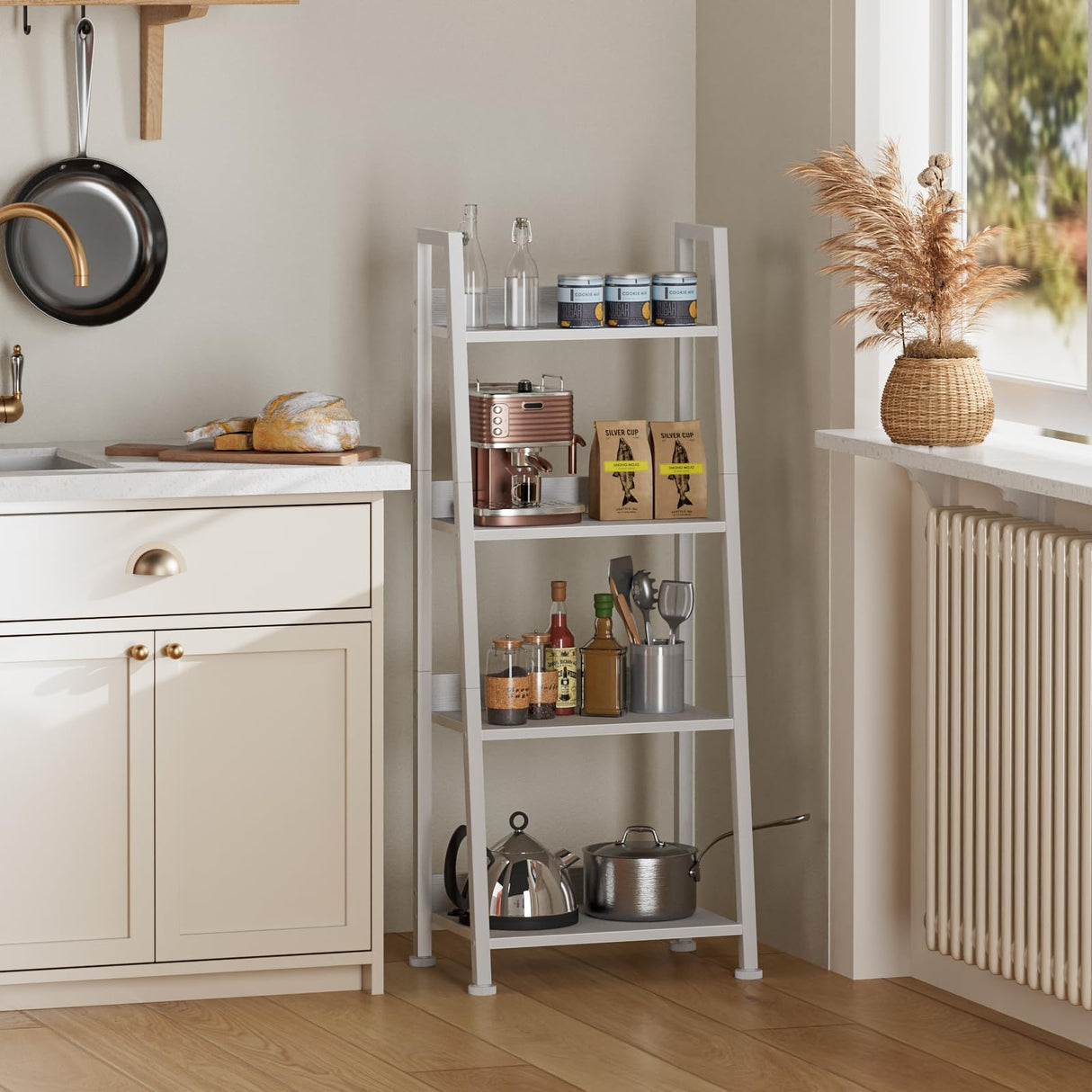 Furologee 4-Tier White Ladder Shelf, Ladder Bookshelf with Removable Drawer, Bookcase Storage Rack Organizer, Freestanding Storage Shelves for Living Room, Home Office, Bedroom Furologee