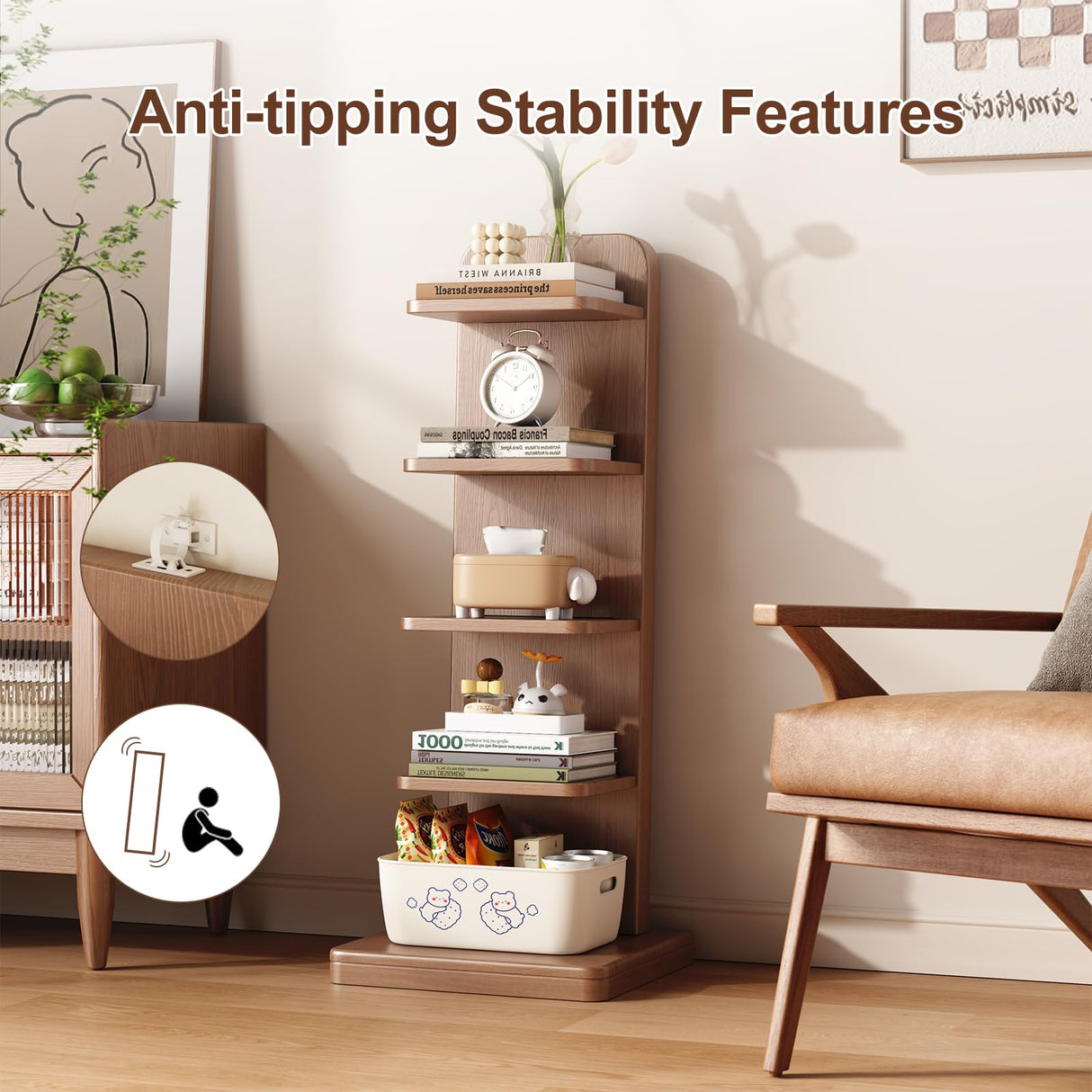 WoodsWhisper Narrow Bookshelf Ladder Bookshelf 5 Shelf Bookcase, Mid Century Modern Bookcase with Freestanding Display Shelves,Anti-tip Device and Thickened Base for Small Space,Living Room, Office WoodsWhisper