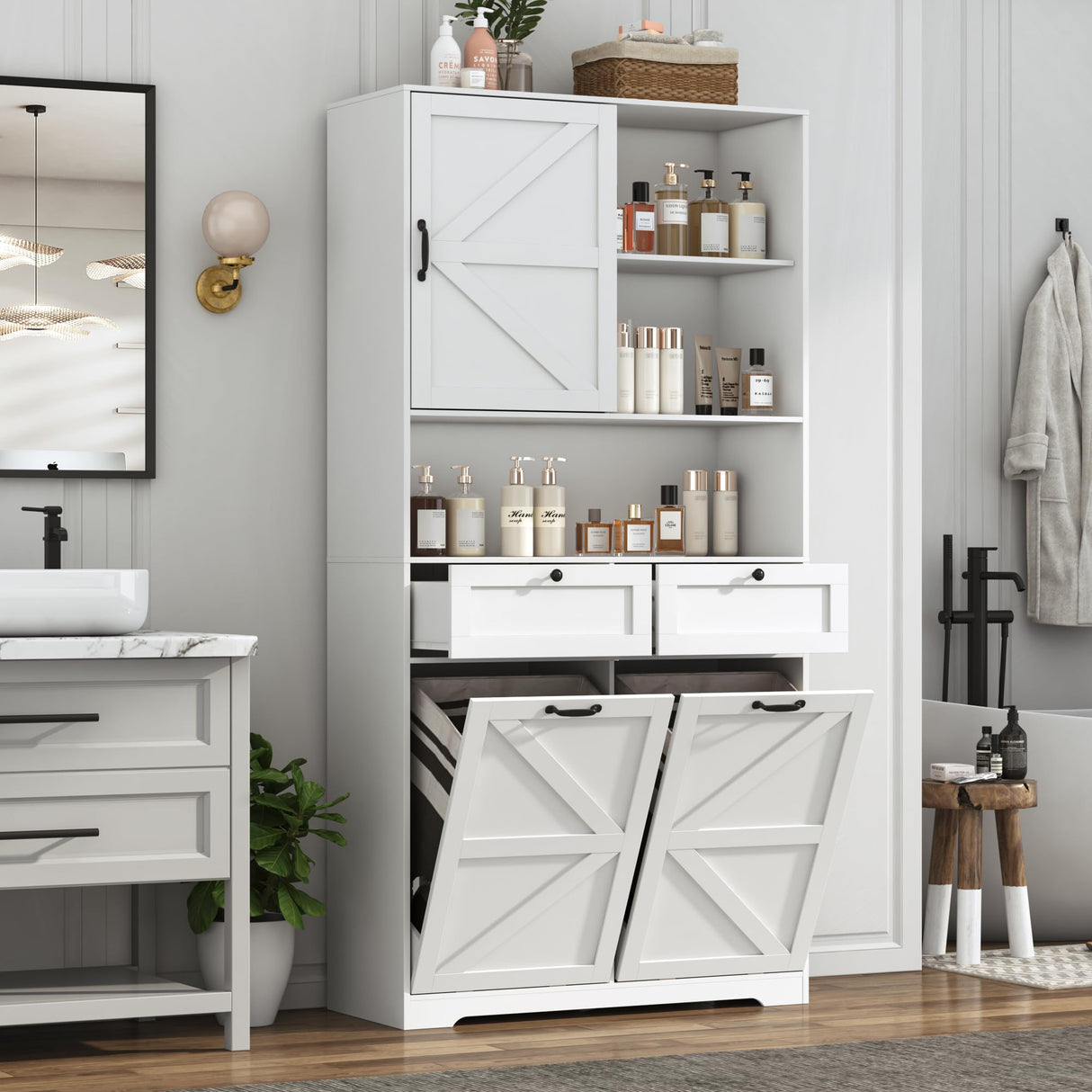 78" Tall Tilt-Out Double Doors Laundry Cabinet Hamper w Hidden Laundry Hamper,Large Pull Out Laundry Room Storage Cabinets,Kitchen Double Tilt Out Trash Cabinet,13X2 Gallon Bathroom Organizers(White) jiteentarou