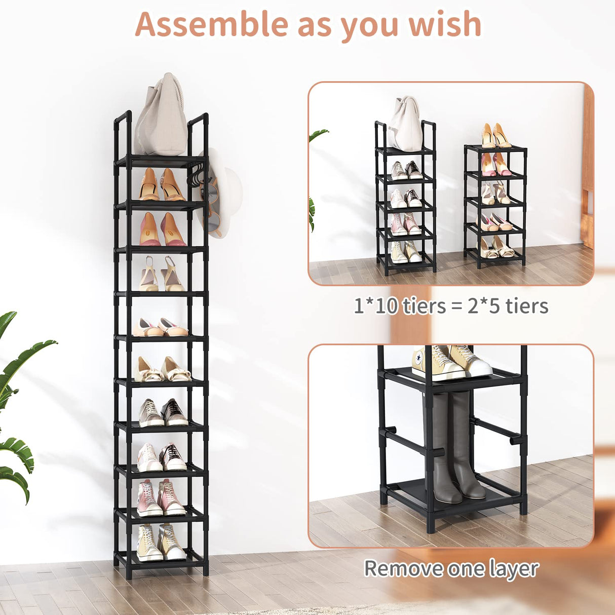 LANTEFUL Tall Narrow Shoe Rack for Entryway, 10-Tier Sturdy Metal Shoe Shelf Storage 10-15 Pairs of Shoes and Boots, Space Saving Corner Shoe Rack Organizer for Closet,Doorway,Garage,Living Room LANTEFUL