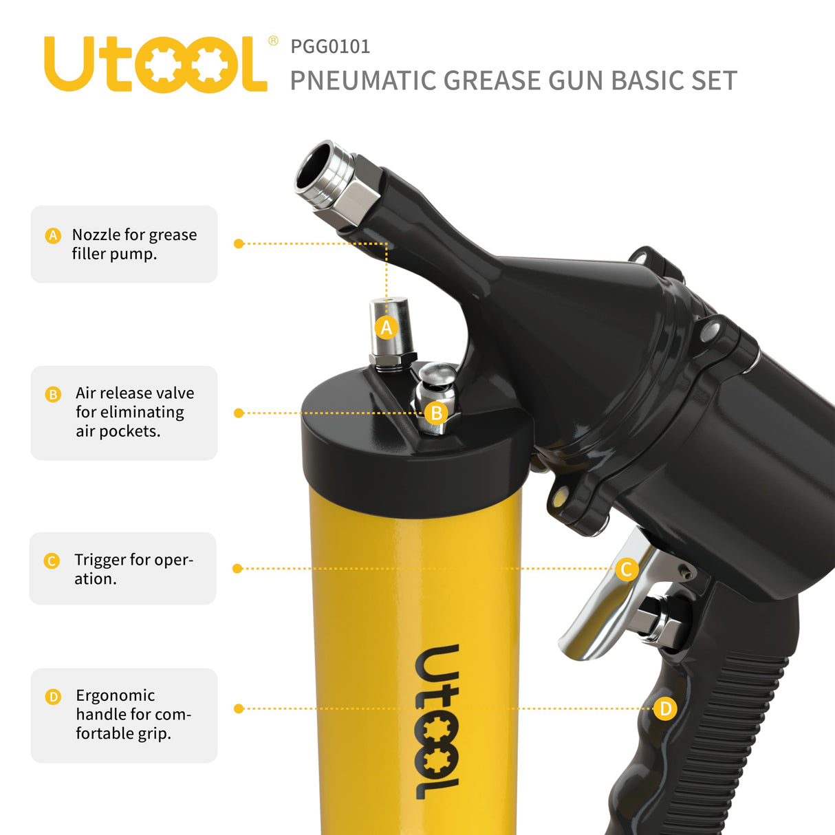 UTOOL Pneumatic Grease Gun, 6000 PSI Air Operated Grease Gun Kit, 14 oz Load, 18 Inch Resin Flex Hose, 1 Extension Bend Pipe, 1 Sharp Type Nozzle, 1 Basic Coupler, 1 Zerk Cleaner UTOOL