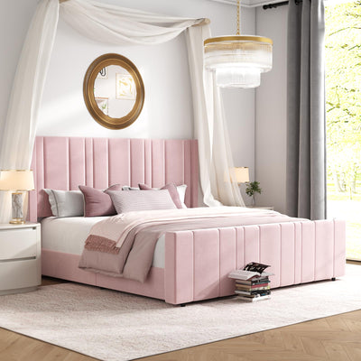 HOMBCK King Size Bed Frame, Soft Upholstered Bed Frame with Vertical Channel Tufted Headboard, Soft Bed Frame King, Tall Footboard, Noise Free, No Box Spring Needed, Easy Assembly, Pink