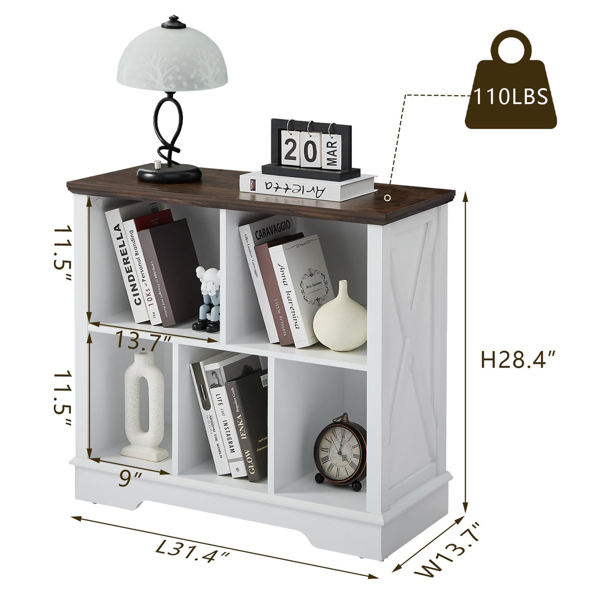 Farmhouse 5 Cube Bookshelf, White Storage Organizer Bookcase, Kids Toy Storage Cabinet, Small Bookshelves Storage Organizer Shelf, Wood Display Cabinet Book Shelves for Bedroom,Living Room,Office FFBCFDK