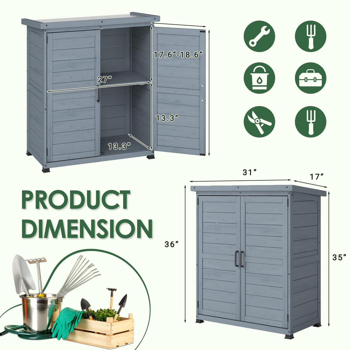 AECOJOY Outdoor Storage Cabinet, Solid Wood Planting Work Bench, Garden Potting Bench Table with Metal Tabletop and Adjustable Shelves, Grey AECOJOY