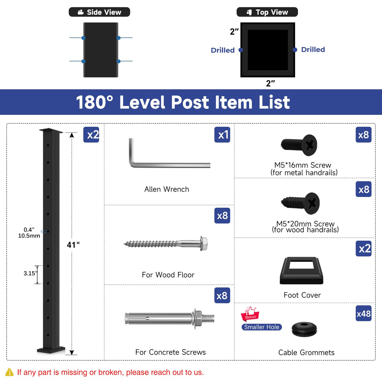 Gyykzz 42" Cable Railing Post 2 Pack, Matte Black Stainless Steel T304 Level Drilled Railing Posts for Cable Railing Kit System, Flat Top Heavy-Duty Deck Post for Indoor Outdoor with Cable Grommets Gyykzz