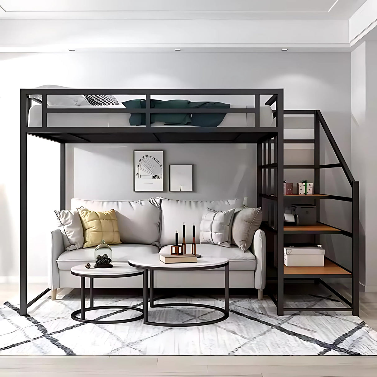 Dreame. Modern LoftPro Twin XL Metal Loft Bed Frame with Storage Shelves & Stairs, Space-Saving Design, Black Finish Dreame.