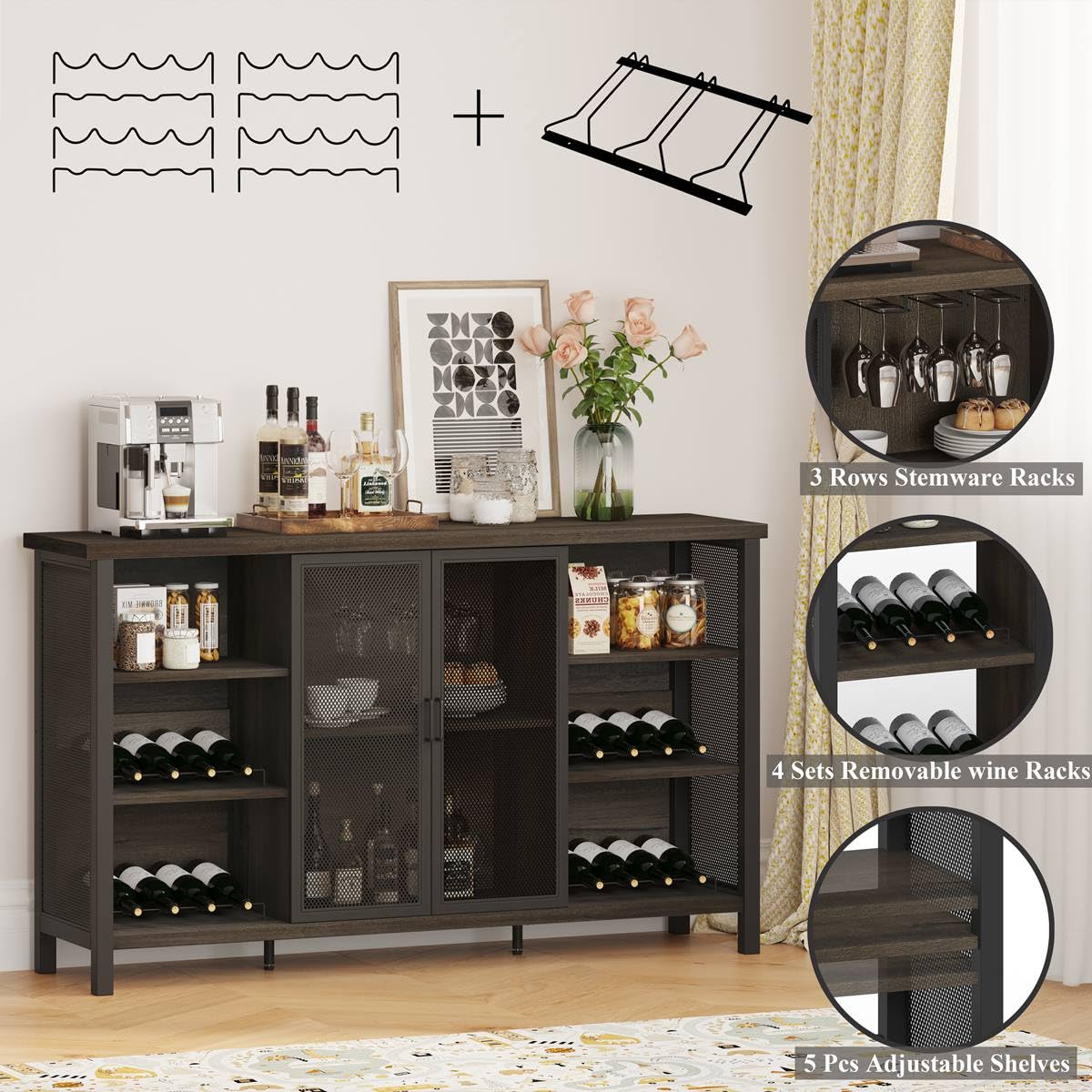 FATORRI Wine Bar Cabinet for Liquor and Glasses, Industrial Coffee Bar Cabinet, Farmhouse Sideboard and Buffet Cabinets with Storage, Wood and Metal Wine Rack (55 Inch, Walnut Brown) FATORRI