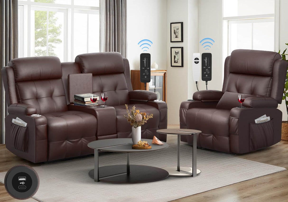 Recliner Sofa Sets, Massage Reclining Loveseat Sofa Heavy Weight Capacity, 1 Single Power Recliner Chairs Heat & Massage, RV Clearance Love Seat Couch with Console, USB, Type C Port for Living Room Aotolo