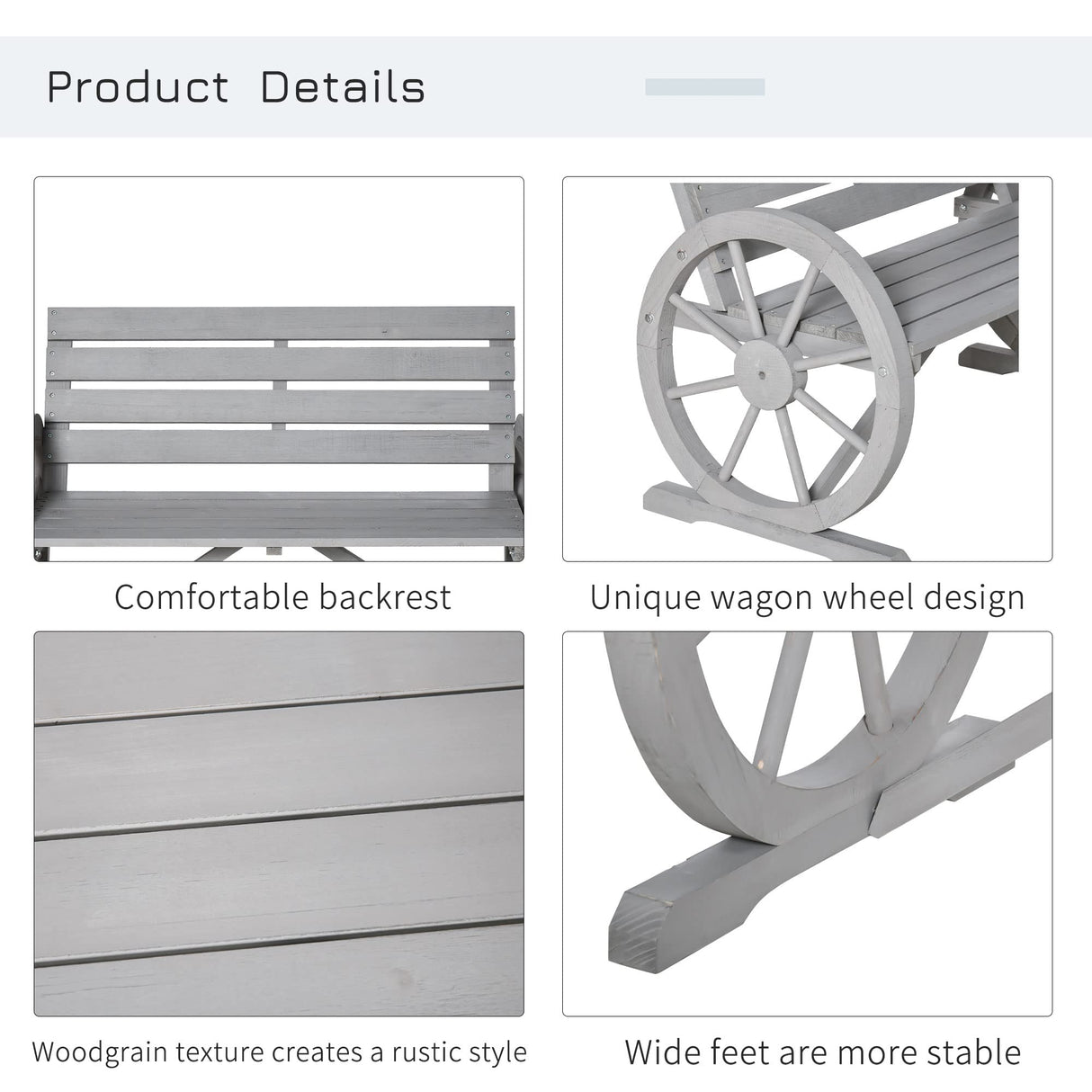Rustic Charcoal Grey Wooden Wagon Wheel Bench for Outdoor Comfort Outsunny