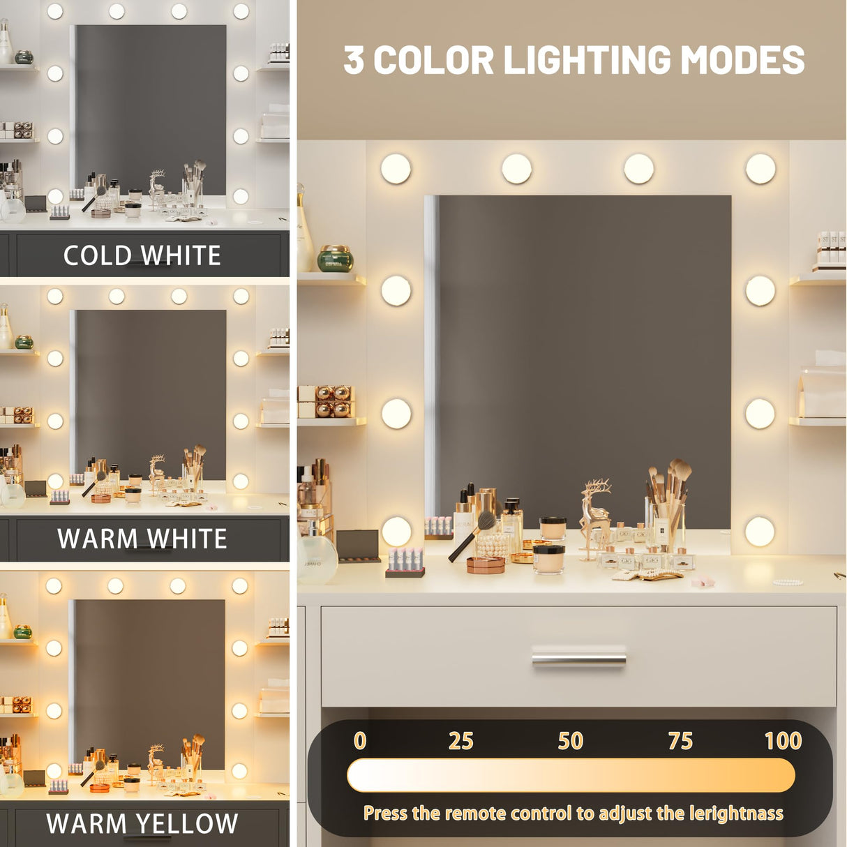 Furmax Vanity Desk with Mirror, LED Lights and Power Outlet Makeup Vanity Table with 7 Drawers and 6 Storage Shelves Dressing Table for Bedroom Dressing Room (White) Furmax