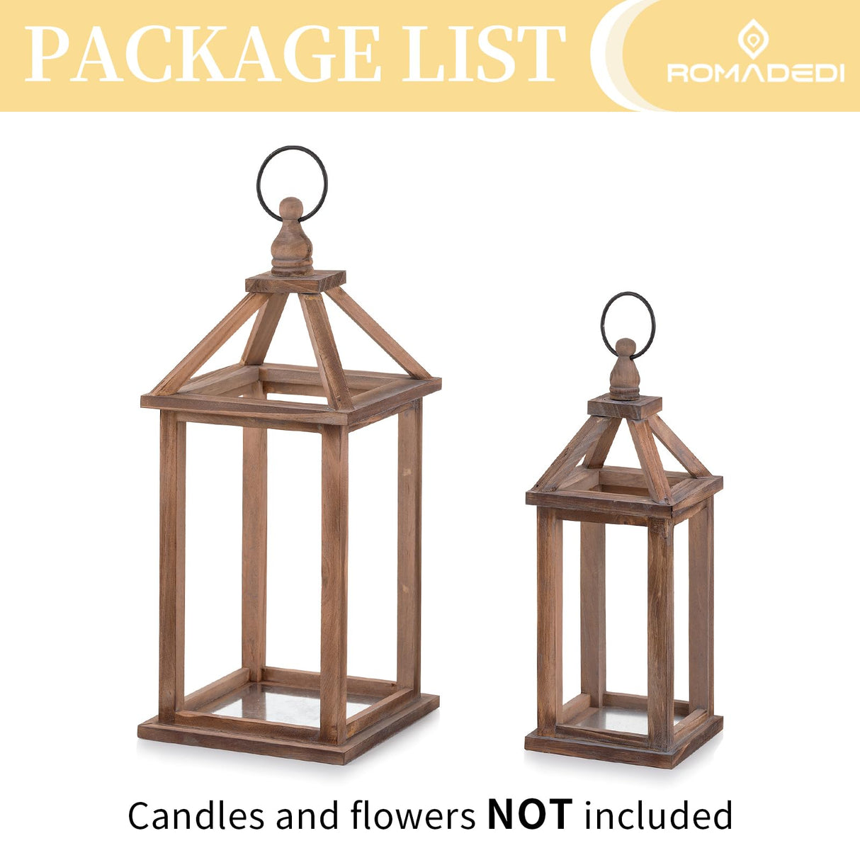 Romadedi Farmhouse Wood Candle Lantern - 12" / 16" Set of 2 Rustic Wooden Lanterns Decorative Candle Holder Home Decor Wedding Table Centerpiece Indoor Outdoor Fireplace Decorations, Brown Romadedi