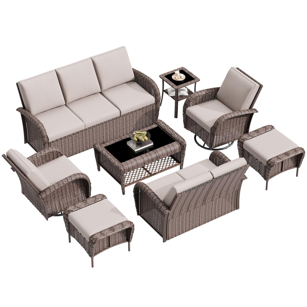 EROMMY Outdoor Swivel Chairs Set,8 Pieces Rattan Wicker Furniture Set,Patio Conversation Sets with Lovesat,3-Seat Sofa,2 Ottomans,Coffee Table and Side Table,for Porch Pool Yard Garden,Beige-8 Pcs EROMMY