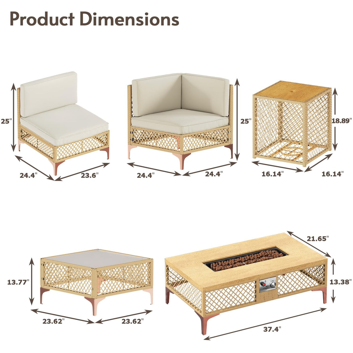 9-Piece Outdoor Patio Furniture Set with Large Fire Pit Table, Boho Wicker Outdoor Conversation Sectional Set & 60,000 BTU Rectangle Propane Fire Pit, Storage Box & Tempered Glass Coffee Table LYNSLIM