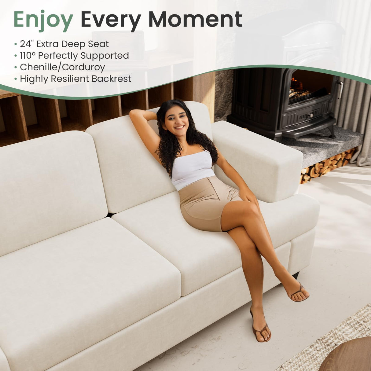 YOUDENOVA Sofa, 2 Piece Set Comfy Couch, 3 Seater & Loveseat Sofa with Deep Seats, Modern Sleeper Couch for Living Room, Beige Chenille YOUDENOVA