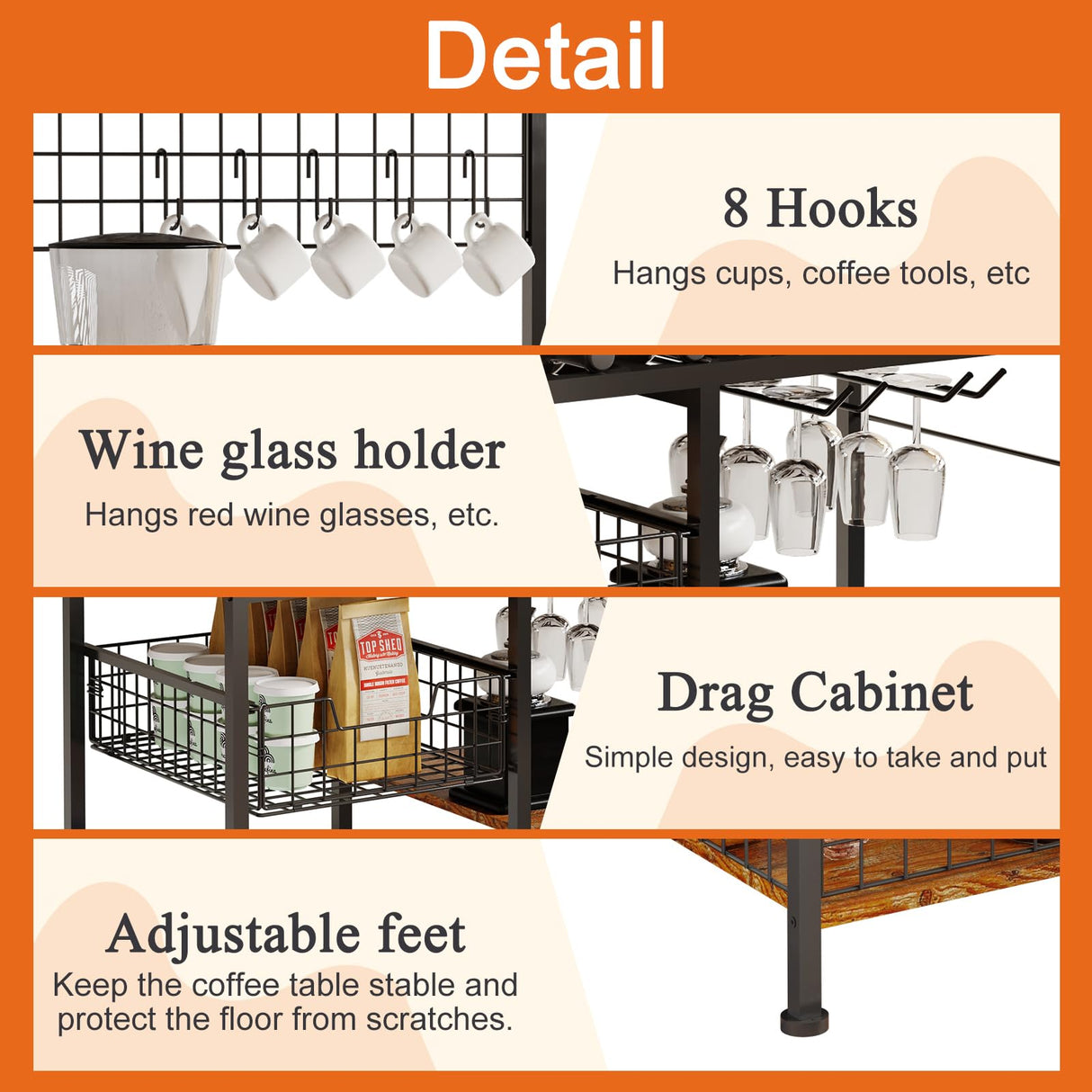 Honkazita Farmhouse Coffee Bar Cabinet - 31" Sideboard Buffet Cabinet with 8 Hooks and Removable Sliding Storage Basket - Ideal for Kitchen& Dining&Living Room - Rustic Brown Honkazita