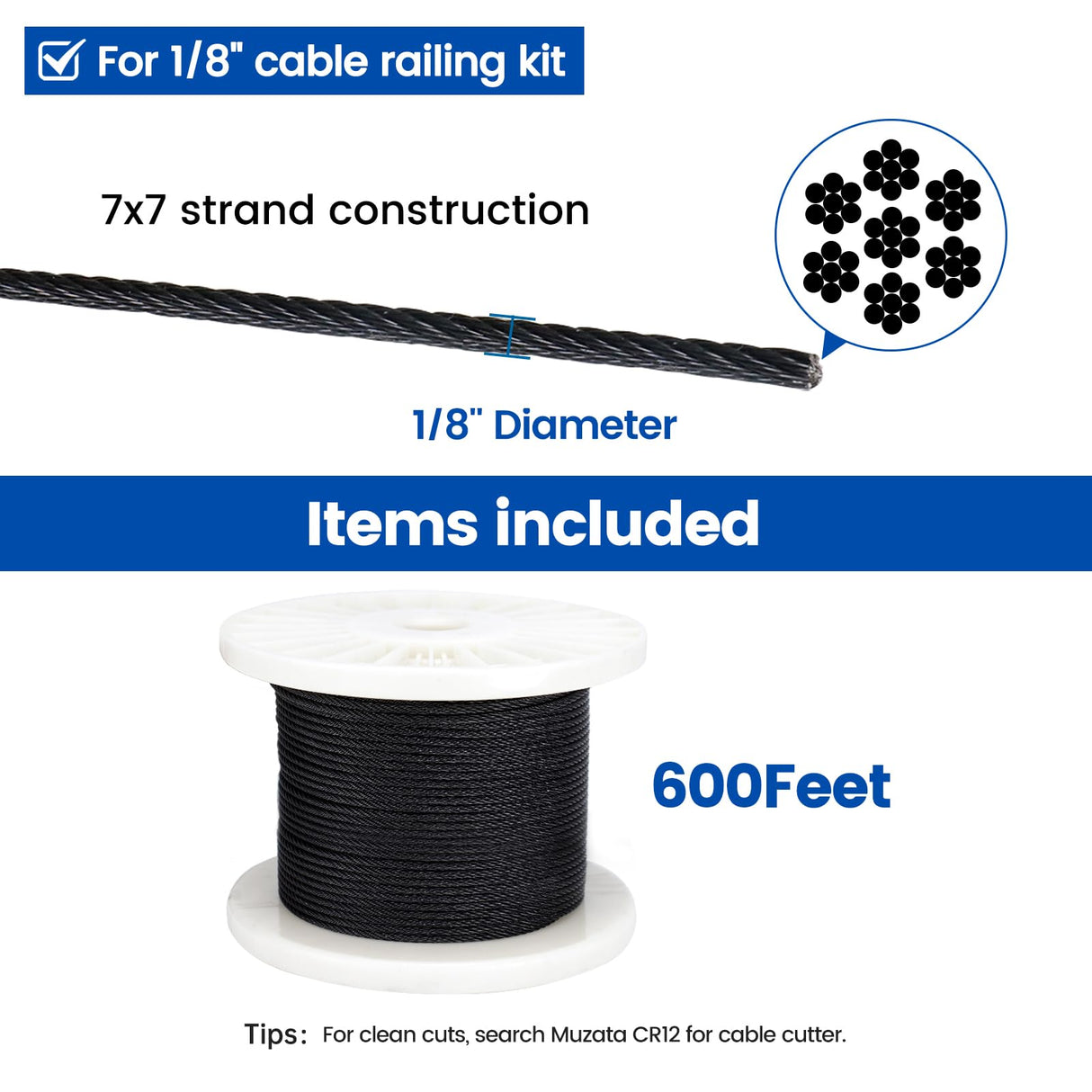 Muzata 600 ft 1/8" Black Stainless Steel Cable Railing System Hardware T316 Stainless Steel Wire Rope 7x7 Strands 1800 lb Breaking Strength Black Cable Railing Kit for Indoor Outdoor WR19 Muzata