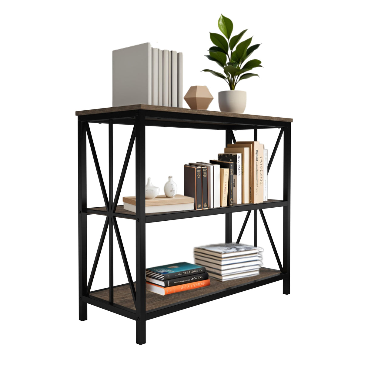 Lavish Home 3-Tier Industrial Bookshelf - Freestanding Open Bookcase for Home or Office Organization and Storage - Book Organizer (Brown Woodgrain) Lavish Home