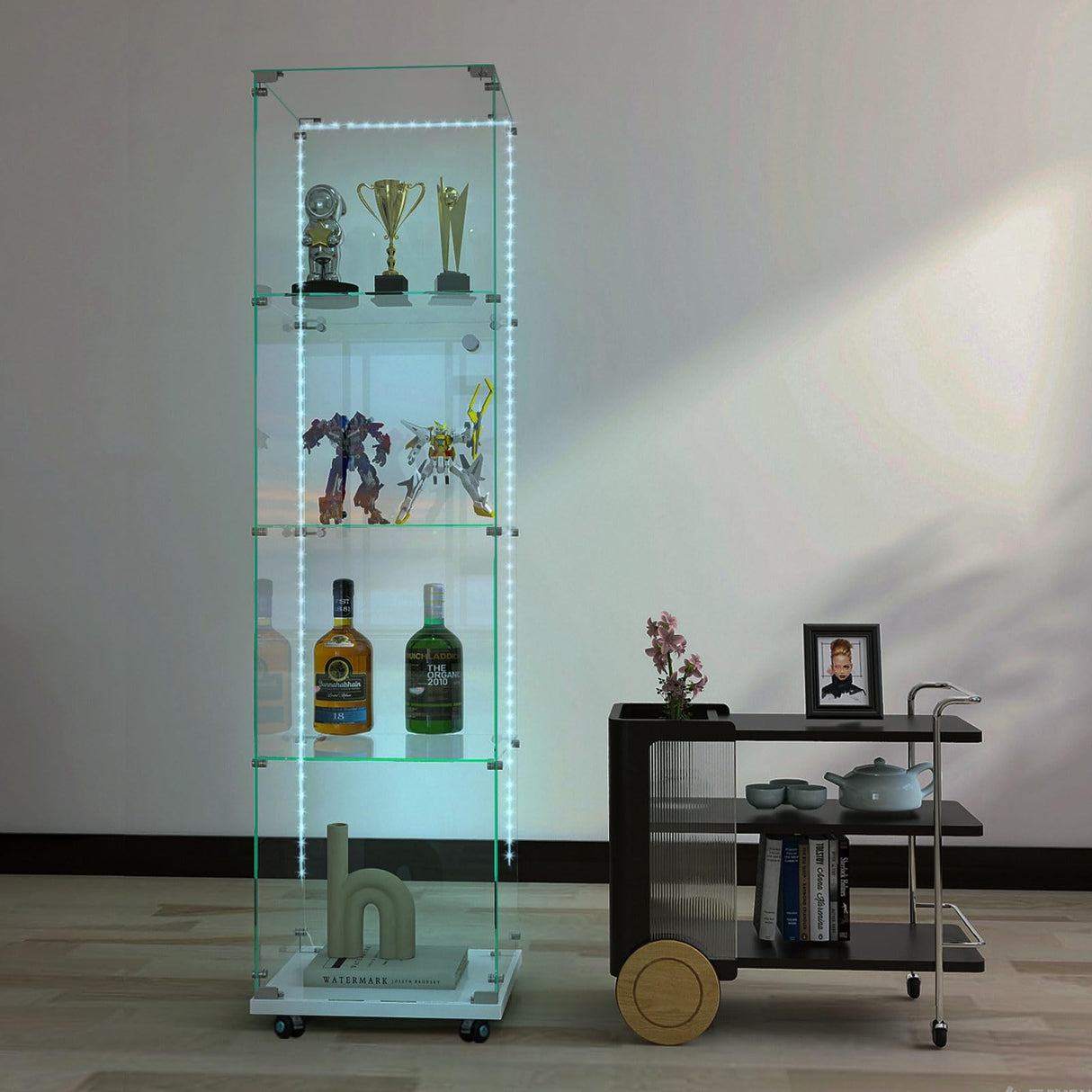 Buzleer Glass Display Cabinet with Lock LED Lighting 4-Tier 1-Door Full Vision Showcase Curio Cabinets Tempered Glass Display Case with Wheels for Living Room Bedroom Office, 65"*15.7"*13.6",White Buzleer