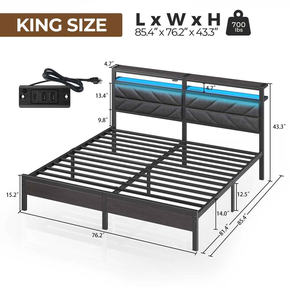 Seventable Bed Frame King Size with Charging Station, LED Bed with Upholstered Storage Headboard, Metal Platform Bed with Under Bed Storage, No Box Spring Needed, Noise Free, Easy Assembly, Grey Seventable