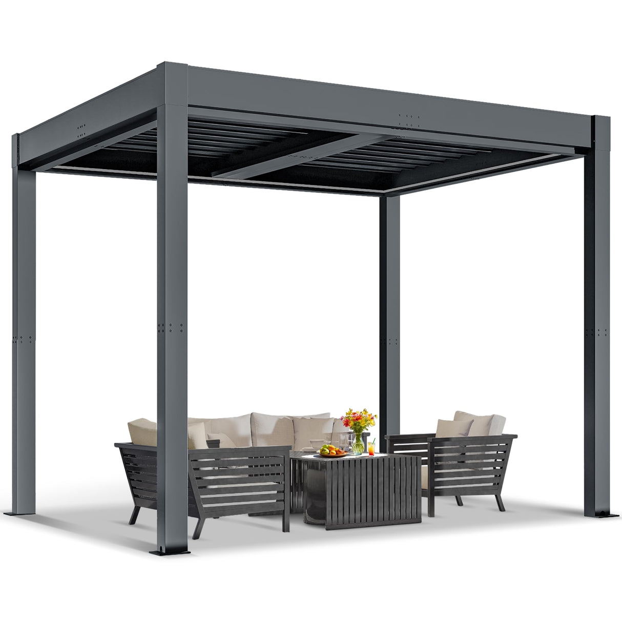 Greesum 10x10FT Outdoor Aluminum Pergola, Electric Adjustable Louvered Pergola with LED Lights and Gutter System, Metal Gazebo for Patio, Deck, Garden, Yard, Black Greesum