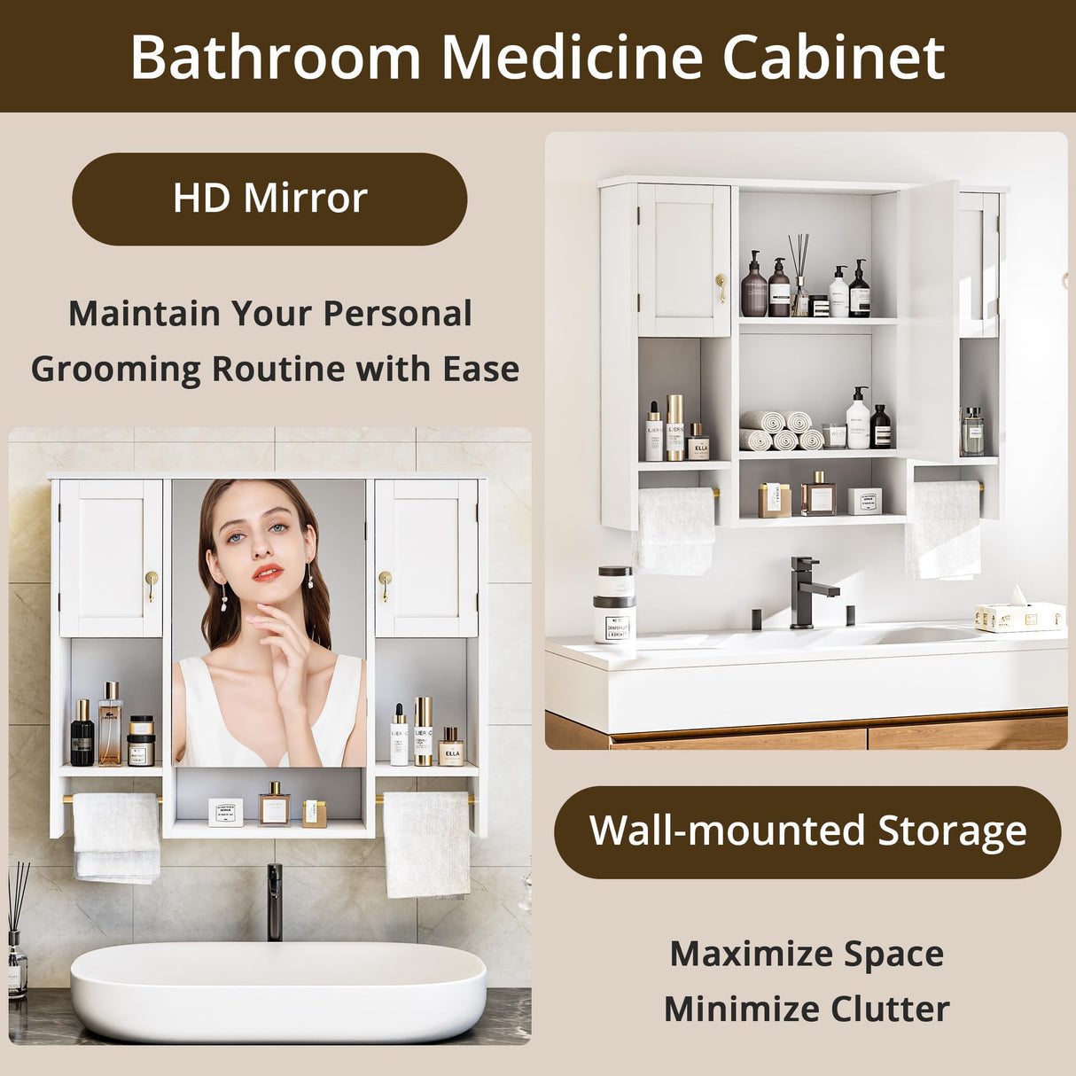 VECELO Bathroom Wall Cabinet with Mirror, Wall Mounted Medicine Cabinet with Open Shelves, 2 Towels Bars for Bathroom Laundry Room Kitchen, 35.04 * 7.09 Inches, Gold VECELO