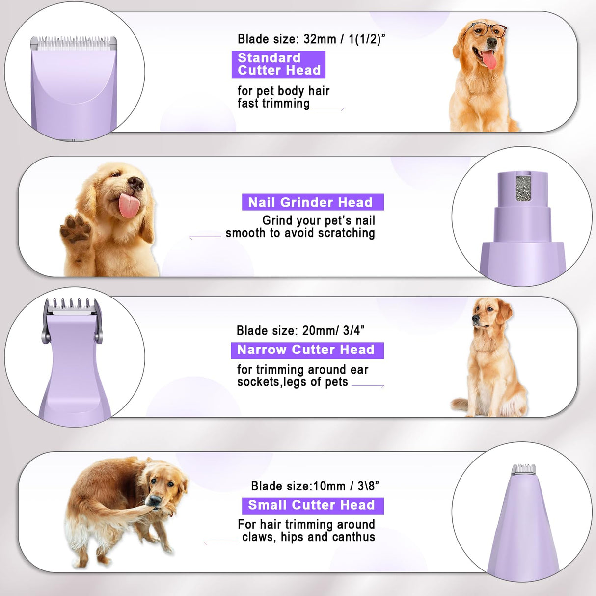 Veeconn Dog Grooming Clippers Kit-Electric Rechargeable Cat Trimmer Tools-Cordless Quiet Pet Nail Paw Grinder-4 in 1 Multifunctional Low Noise Shaver-Razor for feet Face Ears Toenail Eye Veeconn