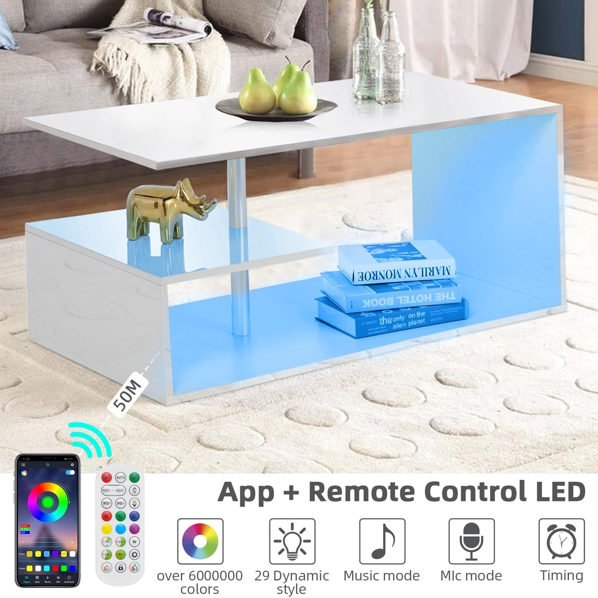 HOMMPA LED Coffee Tables for Living Room Modern White Coffee Table with S-Shaped 3 Tiers Open Storage Shelf High Gloss Center Sofa Tea Table with LED Lights for Home Office Furniture White 18" Tall HOMMPA