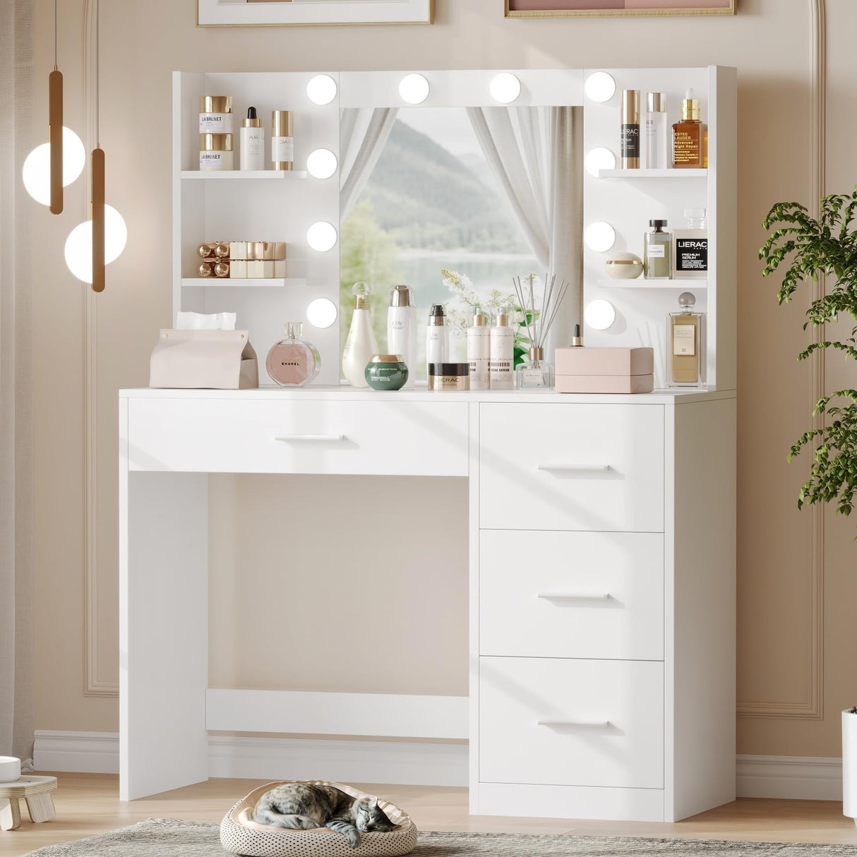 Irontar Vanity Desk, Makeup Vanity with 10 LED Lights & 4 Drawers, Brightness Adjustable, Dressing Table Desk with 6 Open Storage, Vanity Table for Women, White WDT003W Irontar