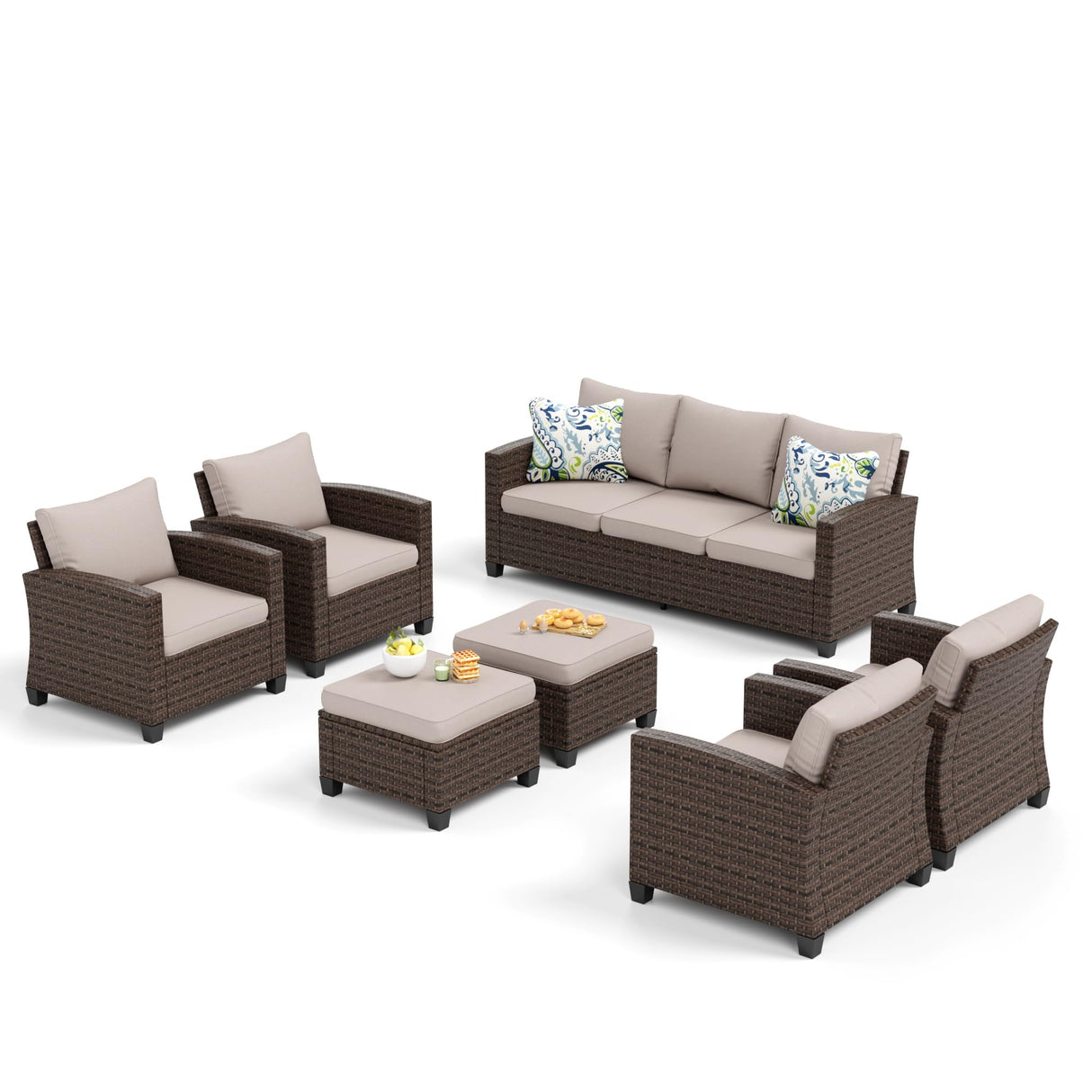 SUNSHINE VALLEY Patio Conversation Set Outdoor Furniture Brown Wicker Rattan Sets with Cushion Sectional Furniture,7 Pieces 9 Seats,Beige SUNSHINE VALLEY