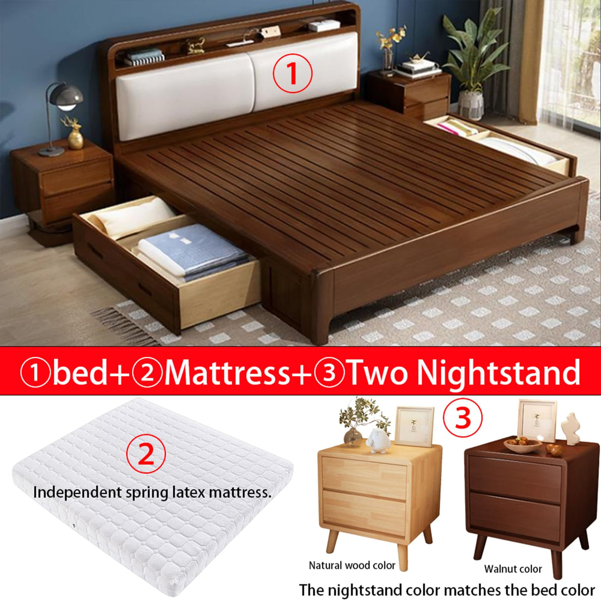 Solid Wood Farmhouse Bed Frame Set with Mattress and Nightstands, Walnut Finish BaFra