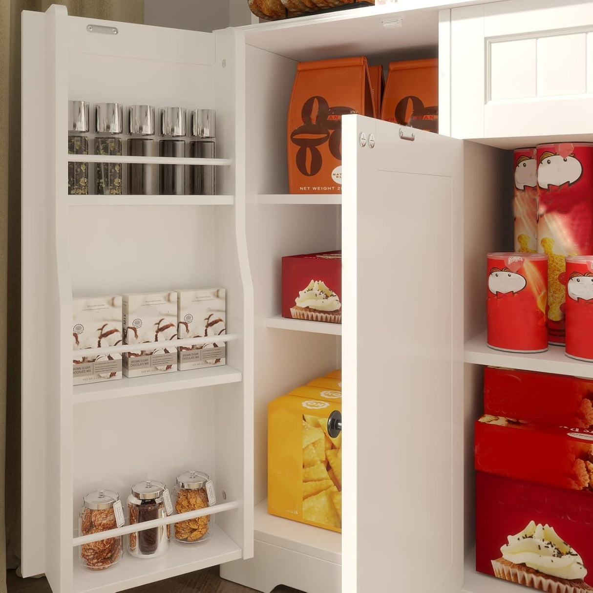 Gizoon 67" Kitchen Pantry Cabinet with Microwave Shelf Tall Coffee Bar Cabinet with Doors and Shelves Farmhouse Kitchen Hutch Cabinet with Storage for Kitchen Bathroom and Living Room, White Gizoon