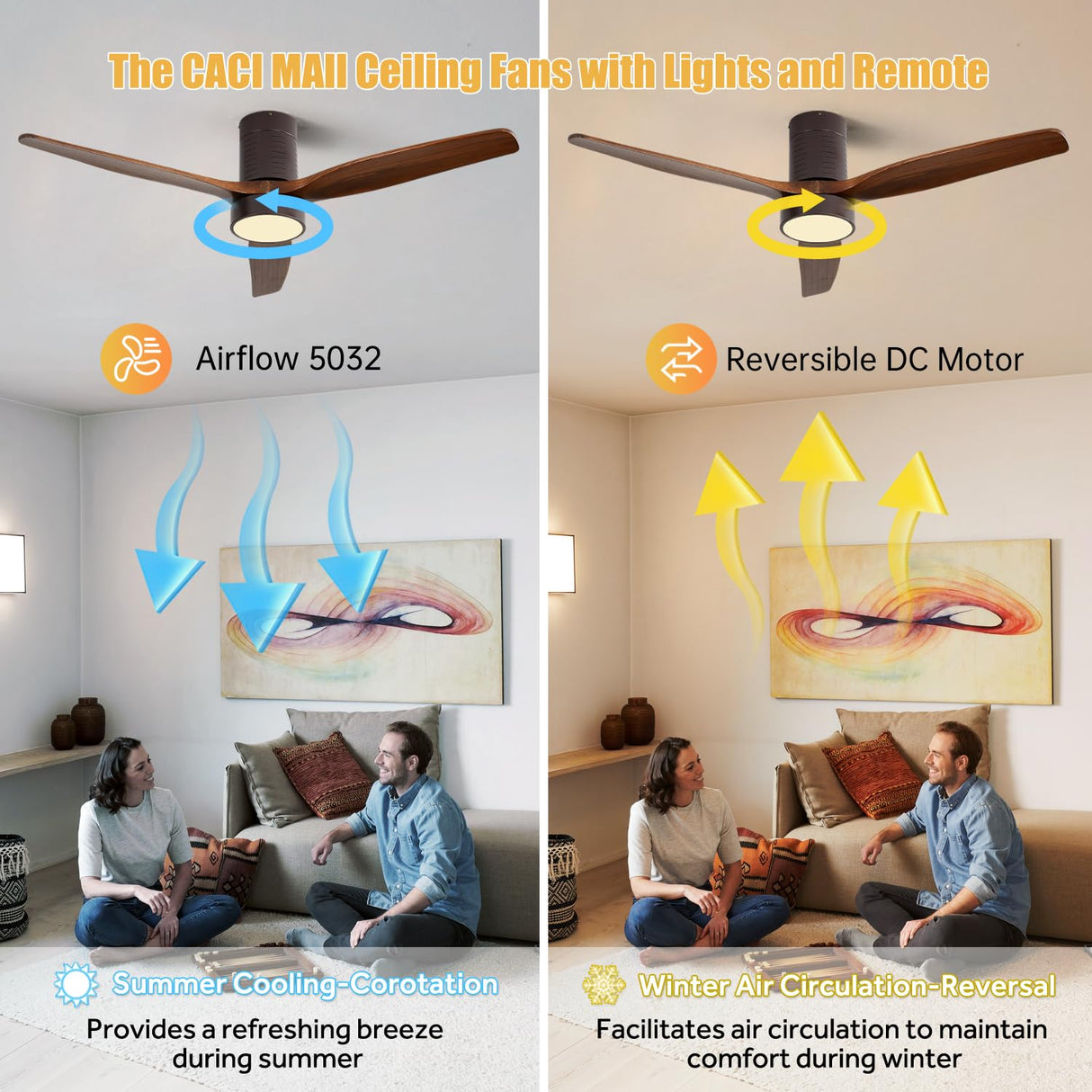 CACI Mall 52 Inch Flush Mount Ceiling Fan with Lights, 3 blade wood ceiling fan, Low Profile Ceiling Fan with Remote,Noiseless 6 Speeds Adjustable,Reversible DC Motor CACI Mall