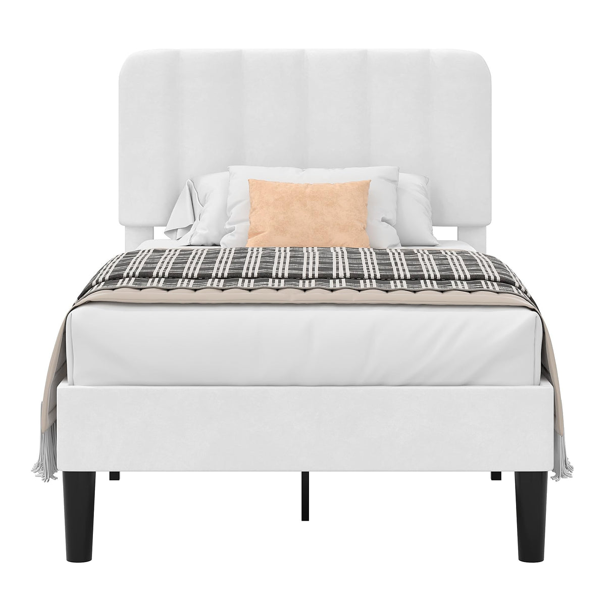 VECELO Twin Size Bed Frame with Upholstered Headboard, Velvet Platform Bedframe Mattress Foundation, Strong Wood Slat Support, No Box Spring Needed,White VECELO