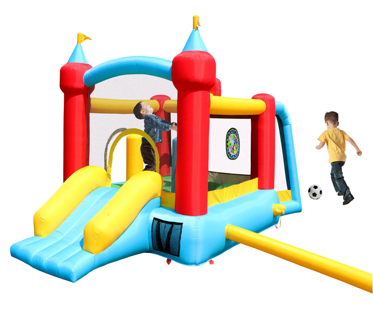 WELLFUNTIME Inflatable Bounce House with Slide, Jumping Castle with Blower and Wave Pool, Basketball Rim, Football Goal WELLFUNTIME