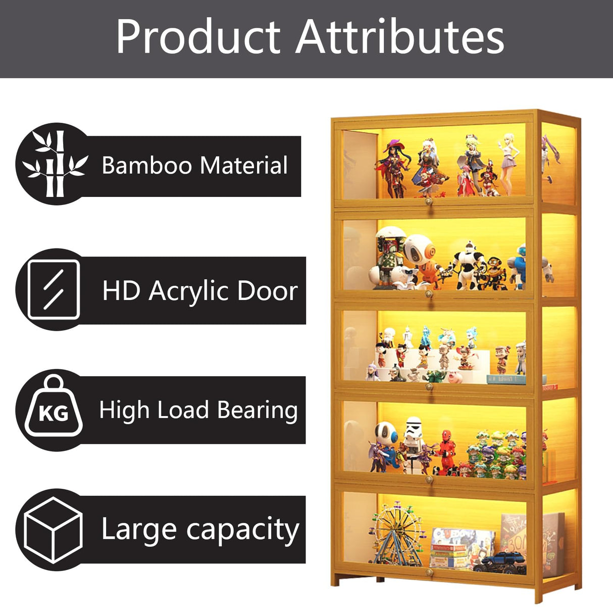 5-Tier Display Cabinet with Acrylic Doors, 67.5" Transparent Curio Display Case for Figures, Collectibles Toy Organizers Rack & Display Shelf, Kids Bookcase for Home, Office, Playroom, Living Room IHGSSKD