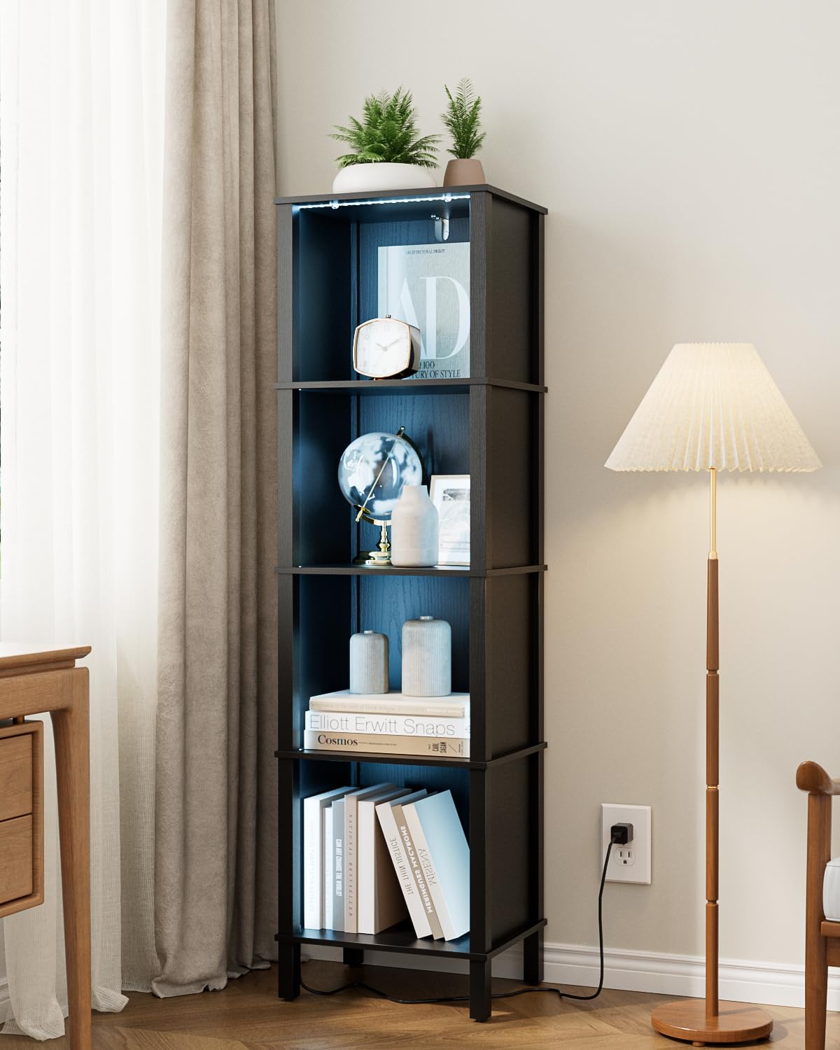 Apetaccat Bookshelf with LED Lights, Modern 4-Tier Bookcase, Open Storage Book Shelf, 11 × 14.2 × 50.4 Inches, Small Narrow Bookshelves for Living Room, Home Office, Bedroom, Black Apetaccat