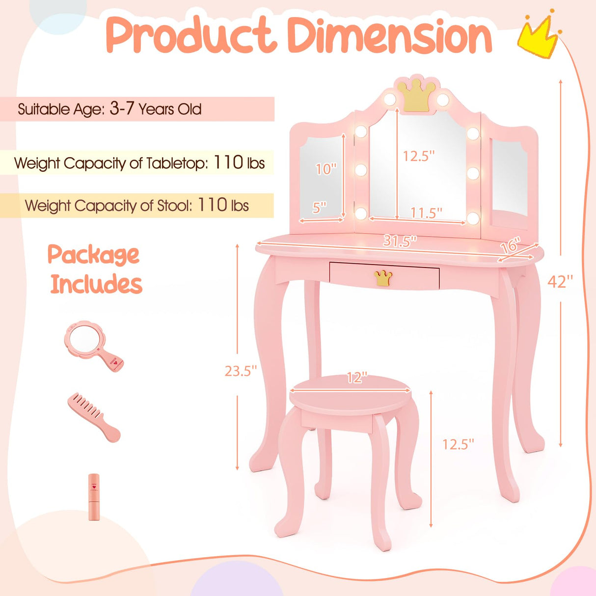 Costzon Kids Vanity with Lights, Girls Vanity Set with Mirror and Stool, Drawer, 2 in 1 Princess Makeup Desk Dressing Table, Toddler Vanity, Pretend Play Kids Vanity Table and Chair Set (Pink) Costzon