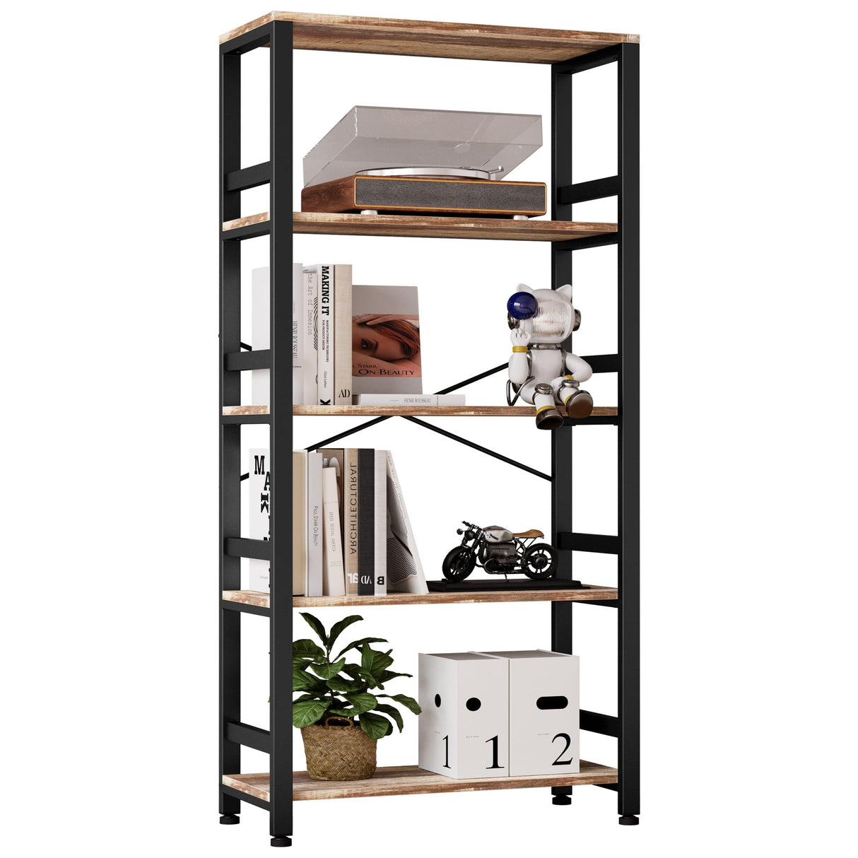 IRONCK 5-Tier Vintage Industrial Ladder Bookshelf - 31.5in Wide, Rustic Brown Design IRONCK