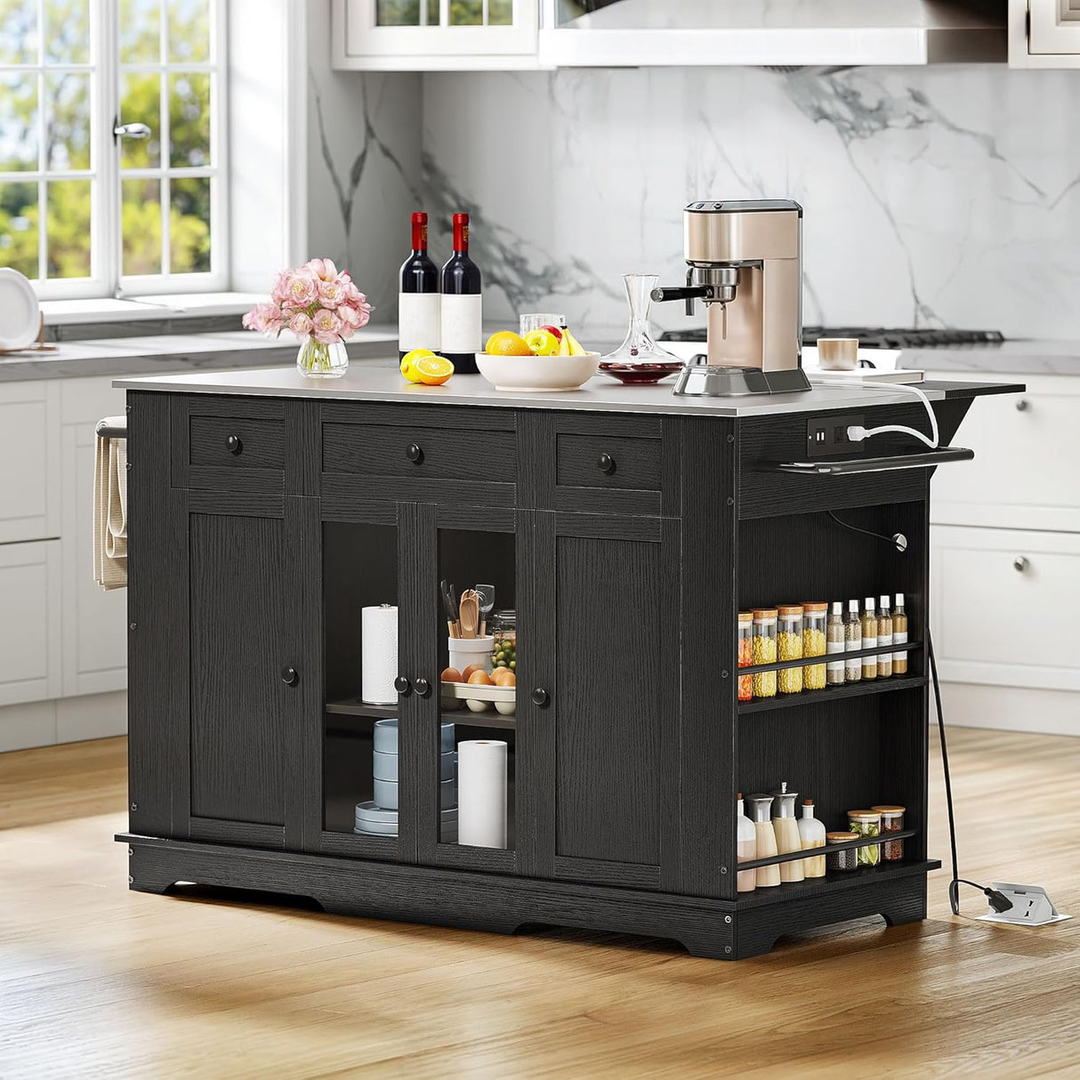 DWVO Kitchen Island w Stainless Steel Top Drop Leaf Bar Seating Power Outlet, 60" Large Rolling Mobile Center Islands w Folding Dropleaf Storage Drawer Cabinet Wheel Counter Height Metal Top, Black DWVO